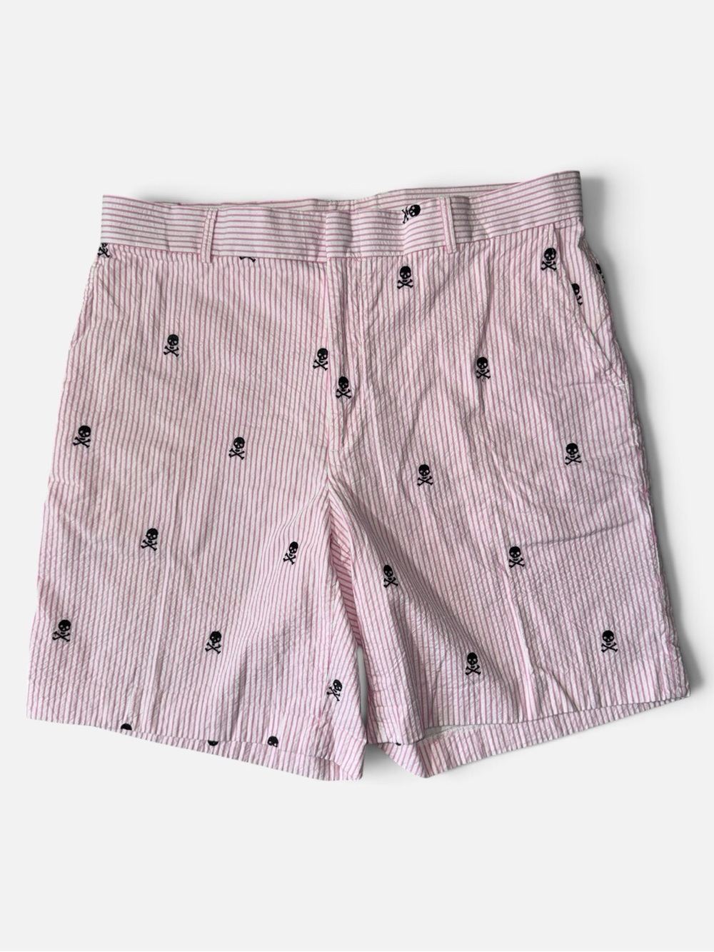 J. McLaughlin mens 38 pink white stripe skull crossbones seersucker golf shorts